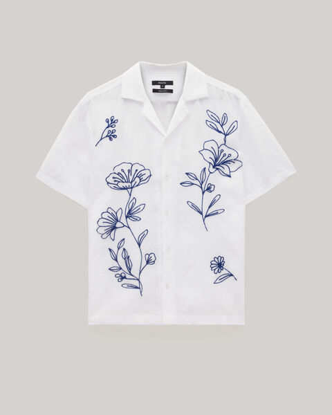 Floral Embroidery Cuban Collar Shirt, White, hi-res